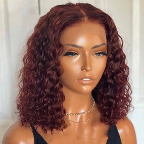 Reddish Brown Deep Wave Bob Wig Glueless Undetectable Standard Lace Front Wig Human Hair