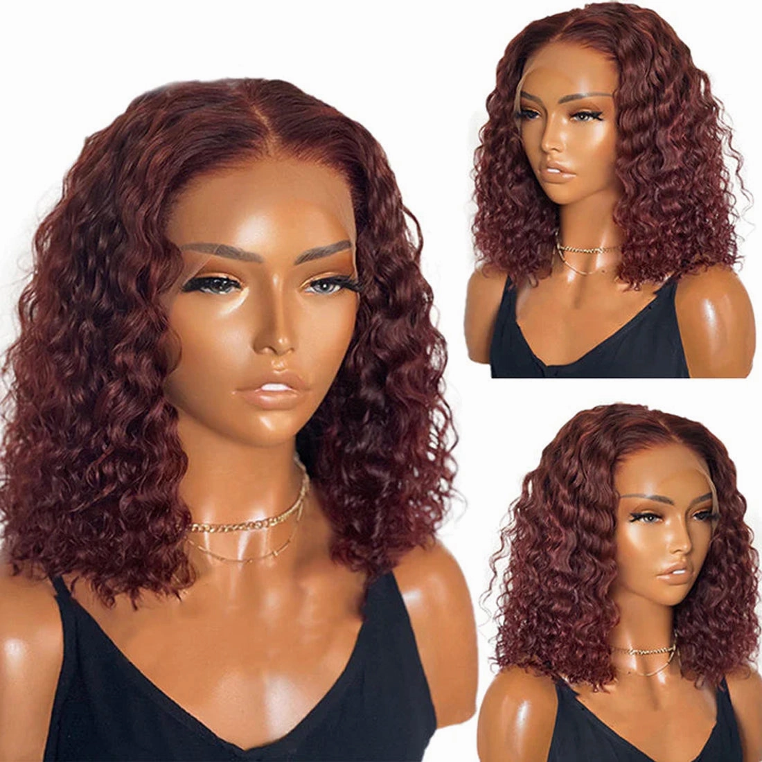 Reddish Brown Deep Wave Bob Wig Glueless Undetectable Standard Lace Front Wig Human Hair