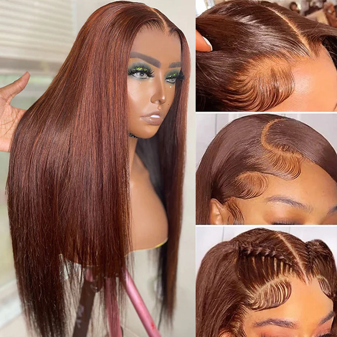 Reddish Brown Straight 13x4 Pre Plucked  Lace Frontal Wigs Human Hair