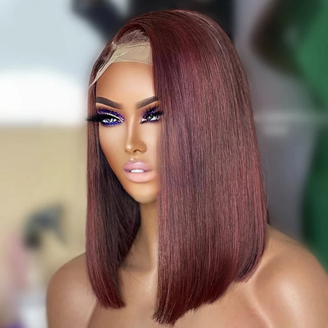 Reddish Brown Straight Bob Glueless Standard Lace Frontal Human Hair Wig