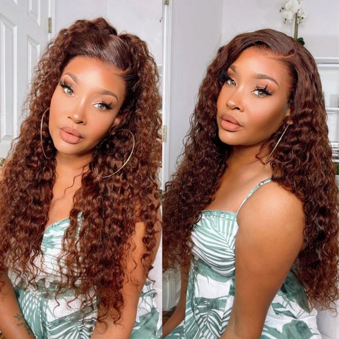 Reddish Brown Water Wave 13x4 Pre Plucked Real HD Lace Frontal Wigs Human Hair