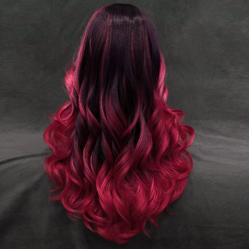 Rose - Wine Red With Dark Root Long Wavy Synthetic Lace Front Wig