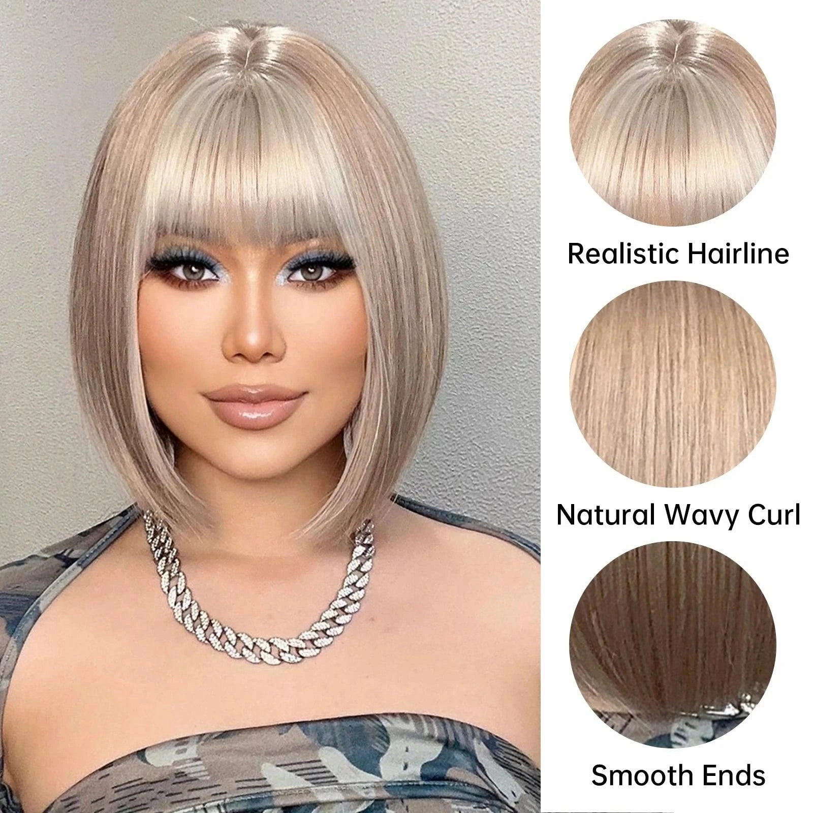 Short Platinum Blonde Wig with Bangs