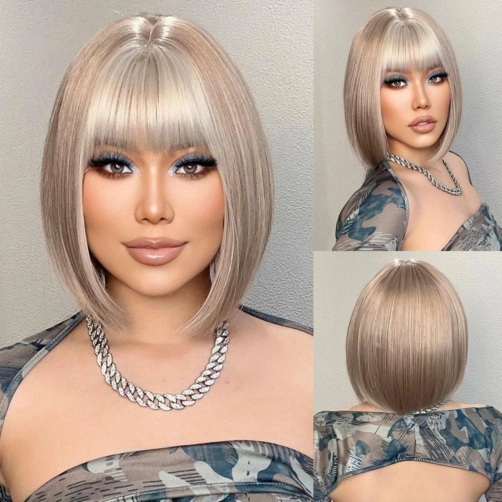 Short Platinum Blonde Wig with Bangs