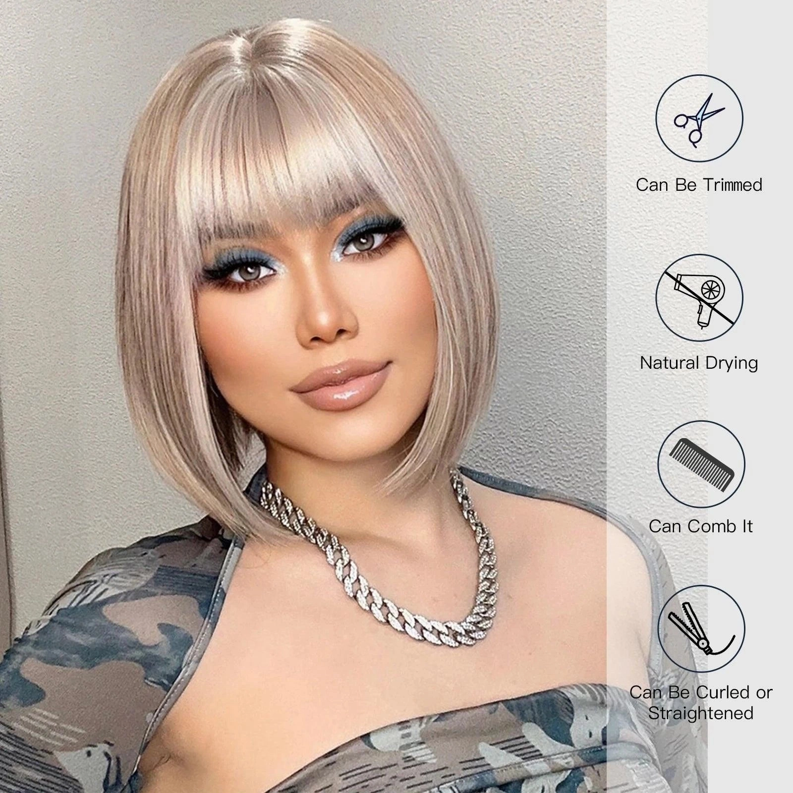 Short Platinum Blonde Wig with Bangs