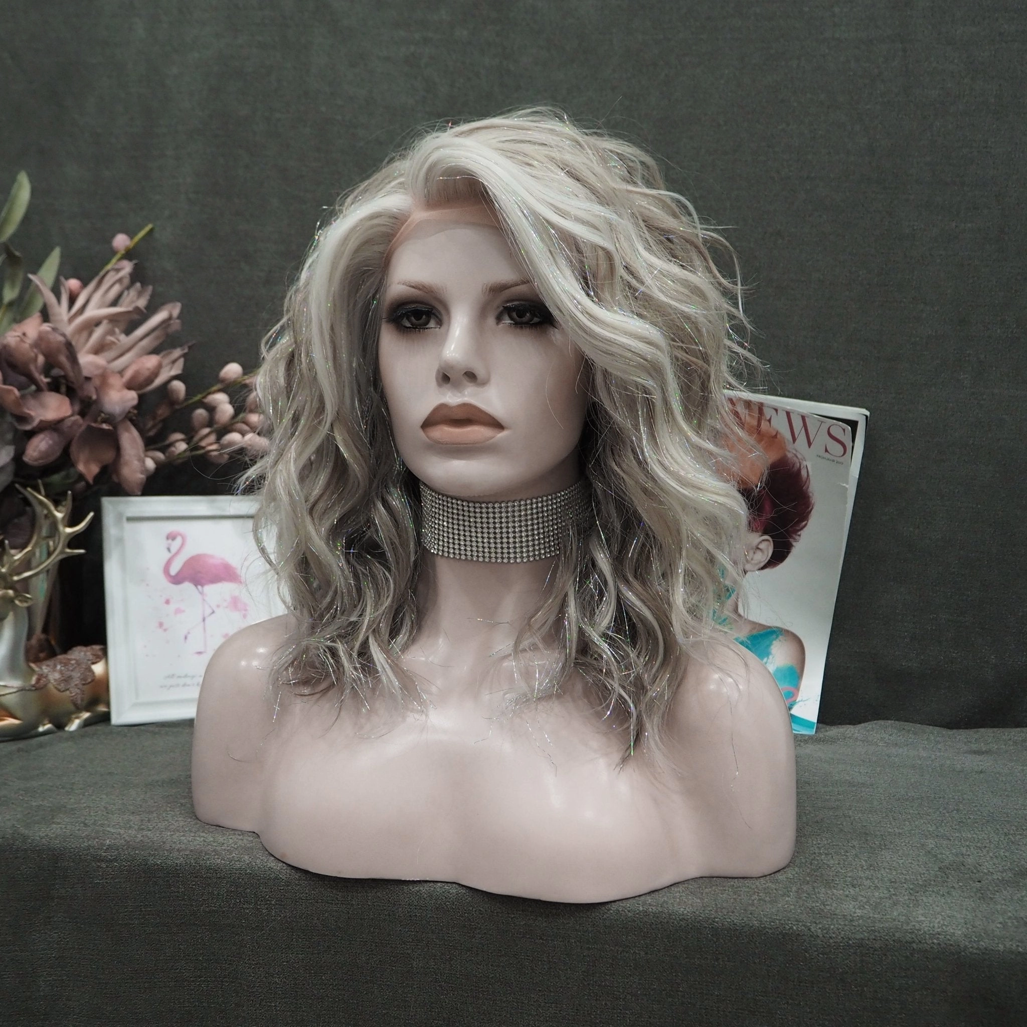 Silver Blonde And Brown Loose Curl Short With Tinsel Synthetic Lace Front Wig