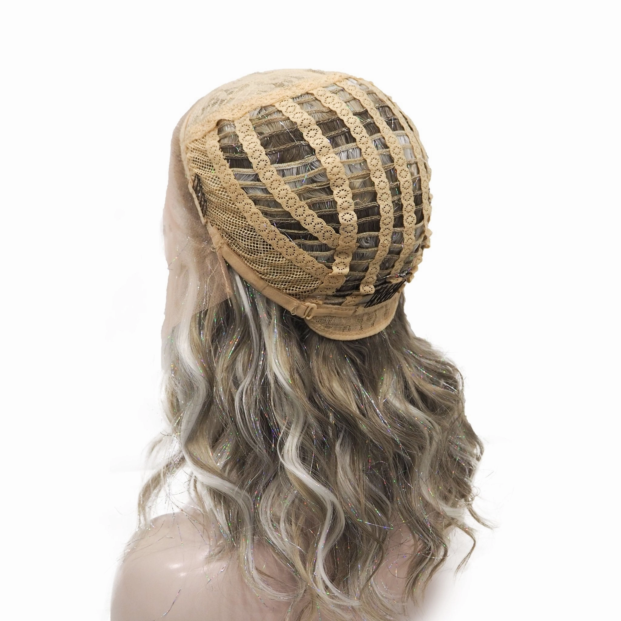 Silver Blonde And Brown Loose Curl Short With Tinsel Synthetic Lace Front Wig