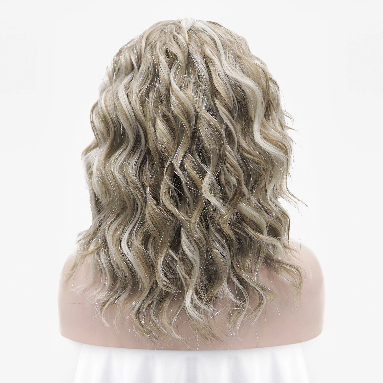 Silver Blonde And Brown Loose Curl Short With Tinsel Synthetic Lace Front Wig
