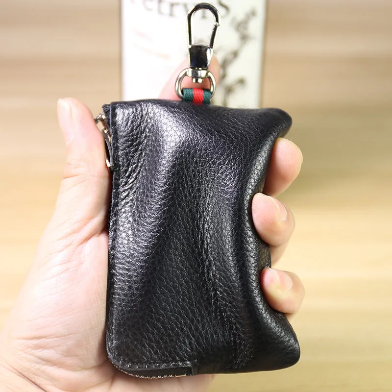 Slim Women Pink Leather Zip Wallet with Keychains Minimalist Coin Wallet Small Zip Change Wallet For Women