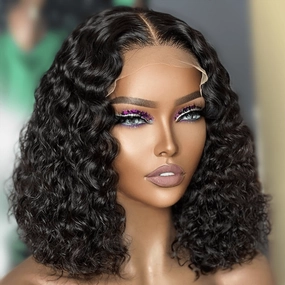 Spanish Curly Bob Wig 5x5 HD Lace Closure Wig 12"-18" Human Hair Bob Wigs Black Color - Geeta-hair