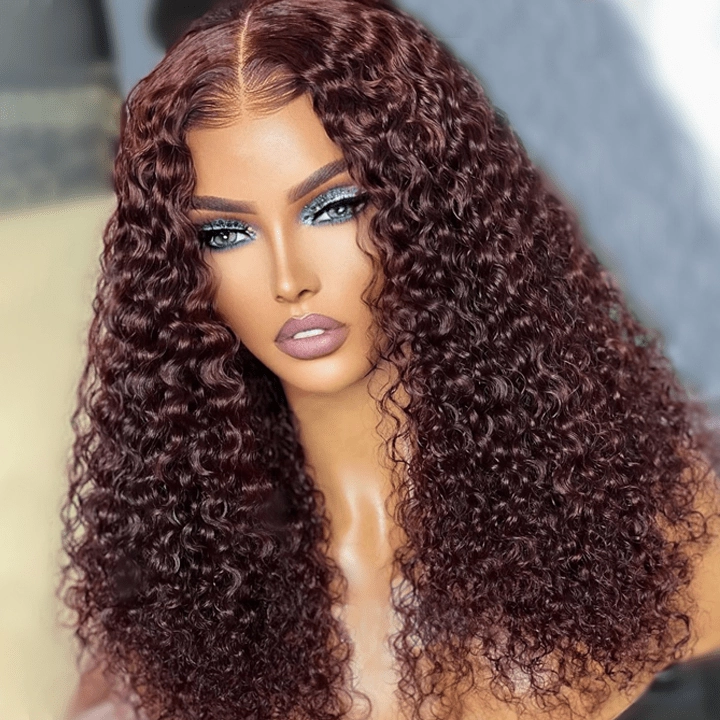 Spanish Curly Colored Wigs Burgundy 13x4 HD Lace Wig Transparent Human Hair Wigs Pre plucked Hairline-Geeta Hair