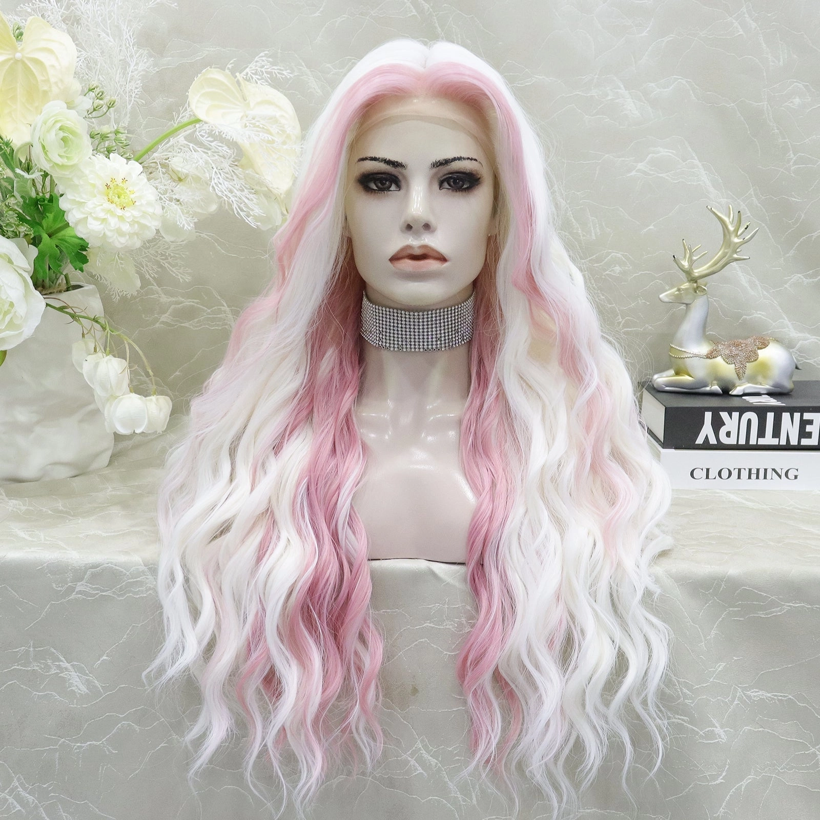 Stephanie white Wavy with Pink money Pieces lace front wig 13*3  28inches