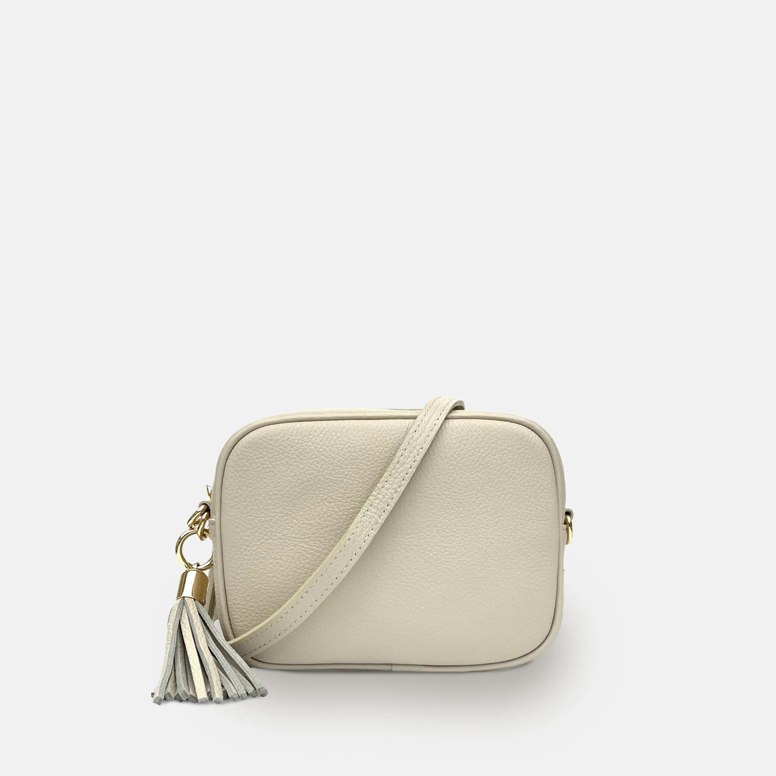 Stone Leather Crossbody Bag With Orange & Tan Checks Strap