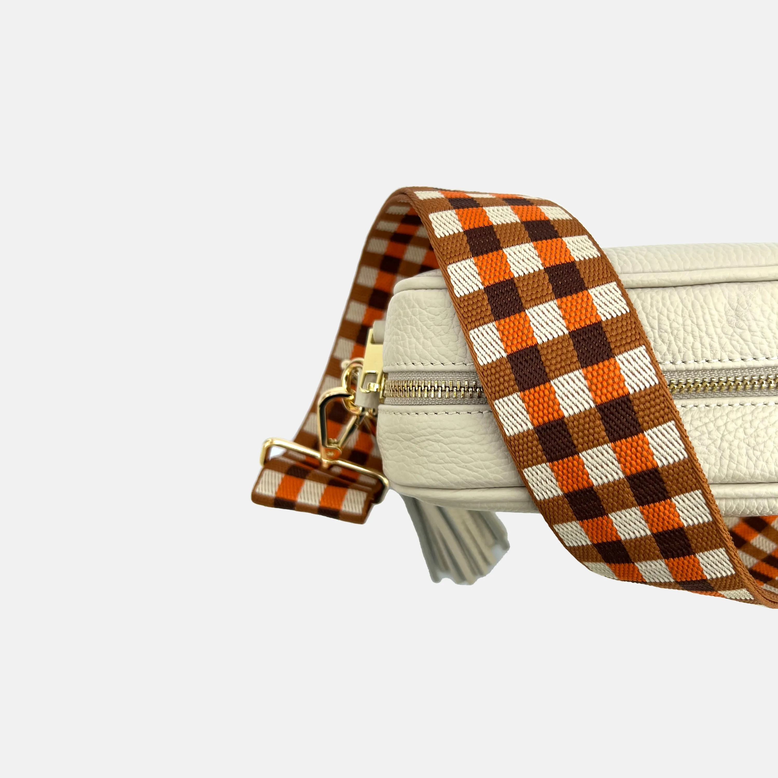 Stone Leather Crossbody Bag With Orange & Tan Checks Strap