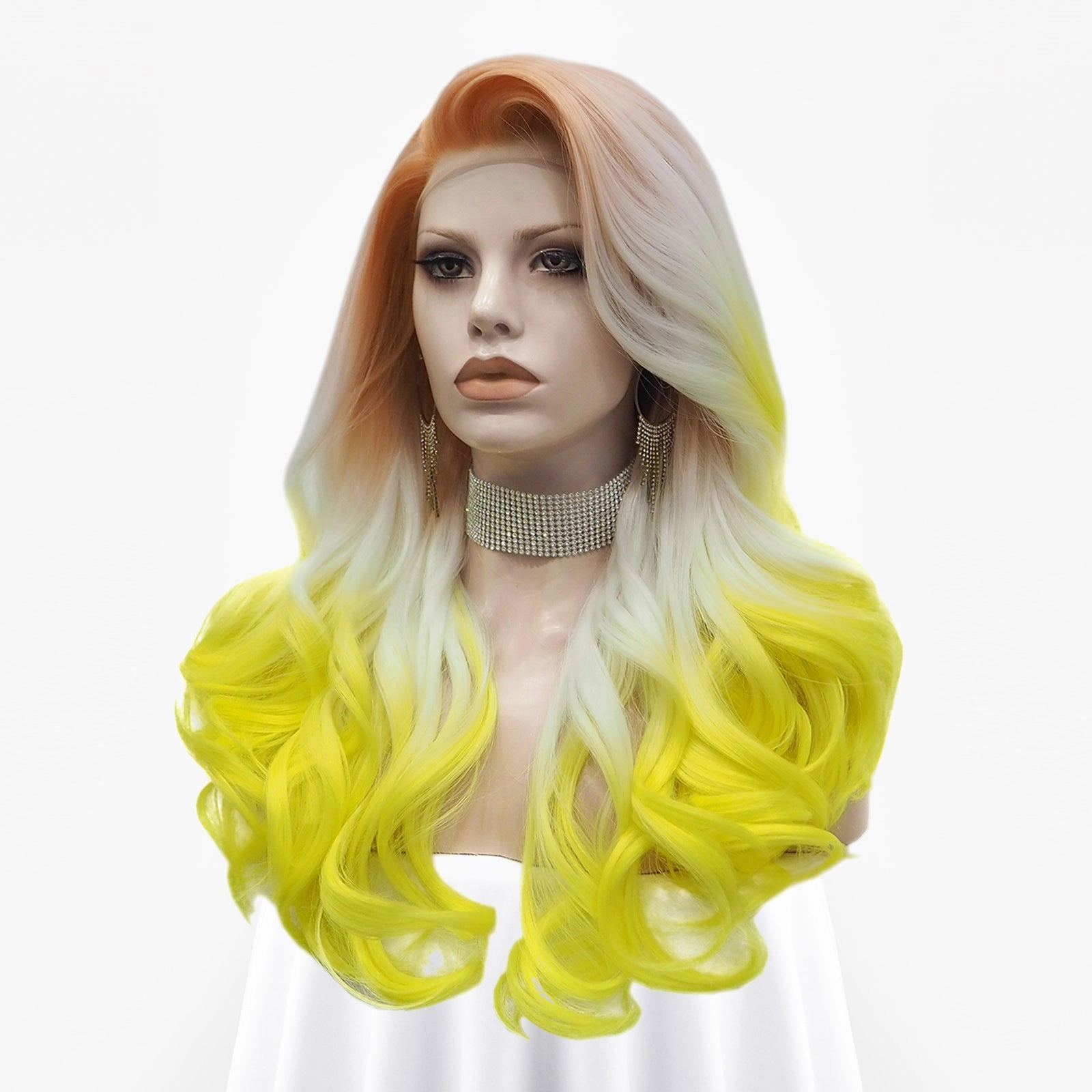 Sunrise - Coral, Platinum, Bright Yellow Ombre Long Wavy Synthetic Lace Front Wig