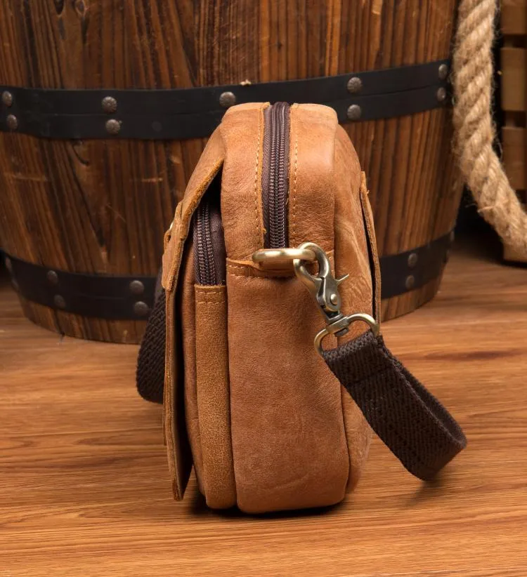 Tan Leather Mens Belt Pouch Small Courier Bag Waist Bag Belt Bag Messenger Bag for Men