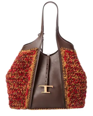 TODs Logo Knit & Leather Tote
