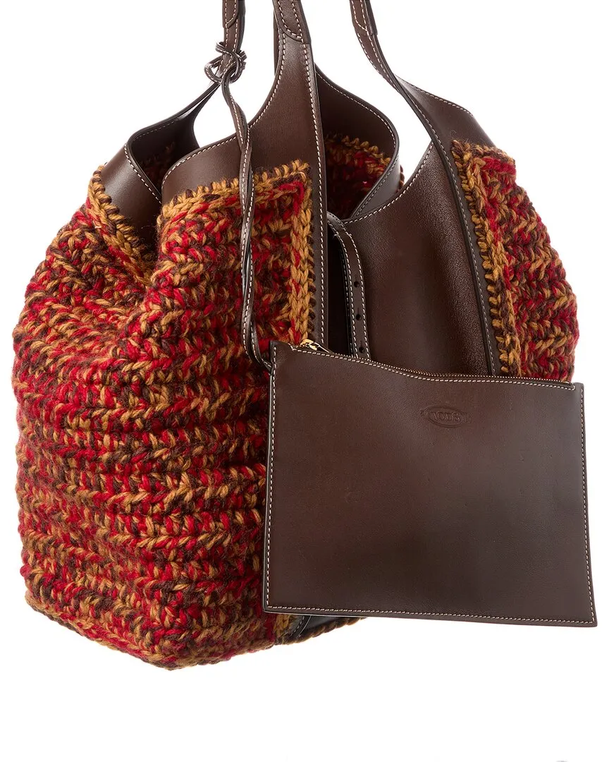 TODs Logo Knit & Leather Tote