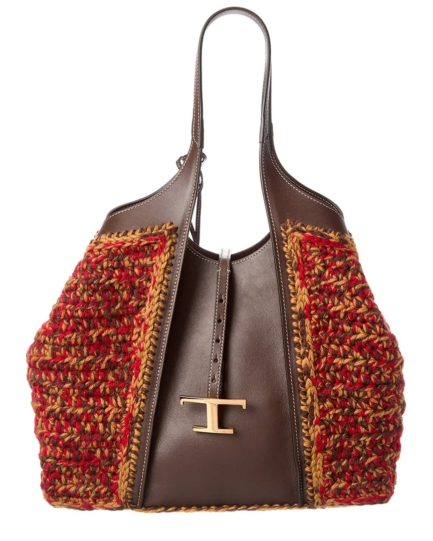 TODs Logo Knit & Leather Tote