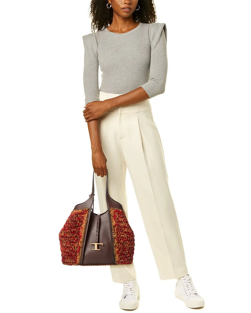 TODs Logo Knit & Leather Tote