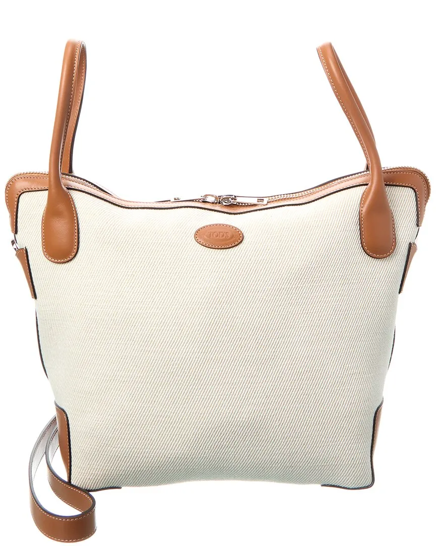 TODs Logo Medium Canvas & Leather Tote