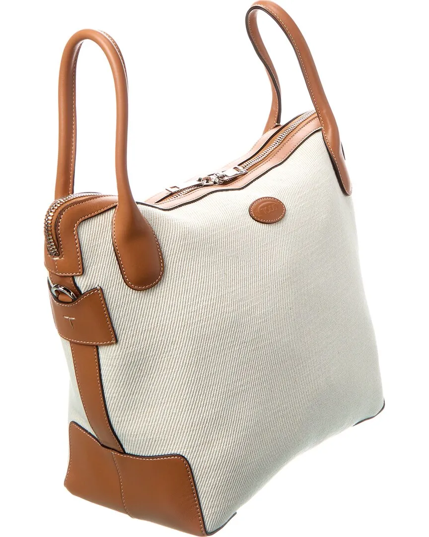 TODs Logo Medium Canvas & Leather Tote