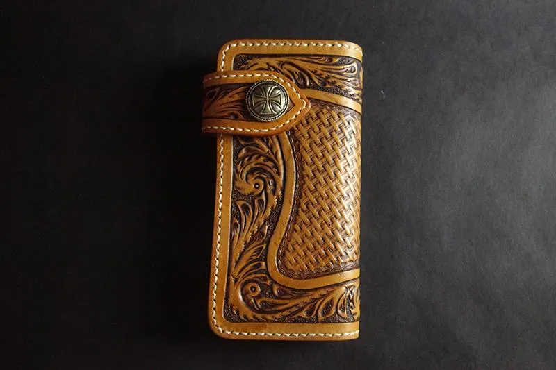 Tooled Handmade Leather Mens Long Biker Wallets Chain Wallet Biker Chain Wallets For Men