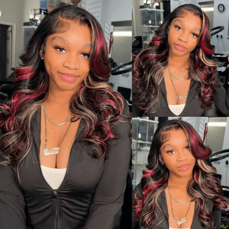 Tuneful Glueless Blonde With Red Highlights Colored 13x6 6x5 Lace Front Closure Body Wave Wig