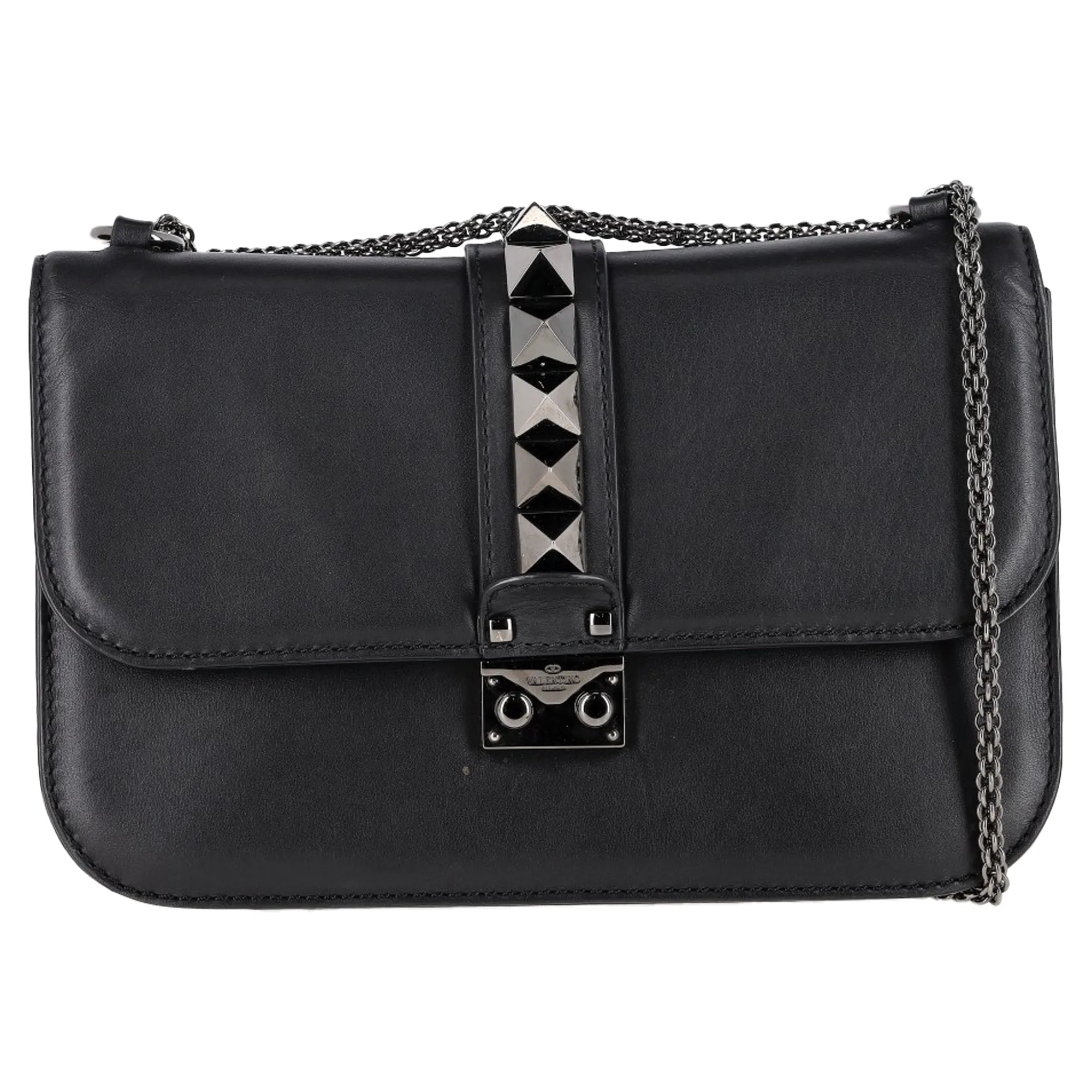 Valentino Medium Rockstud Glam Lock Shoulder Bag in Black Leather