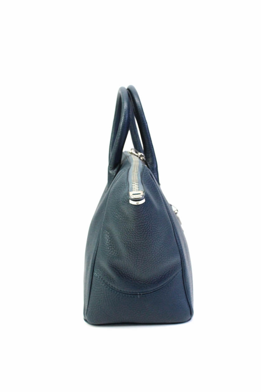 VBH Womens Double Handle Zip Top Grain Leather Large Key Satchel Handbag Blue