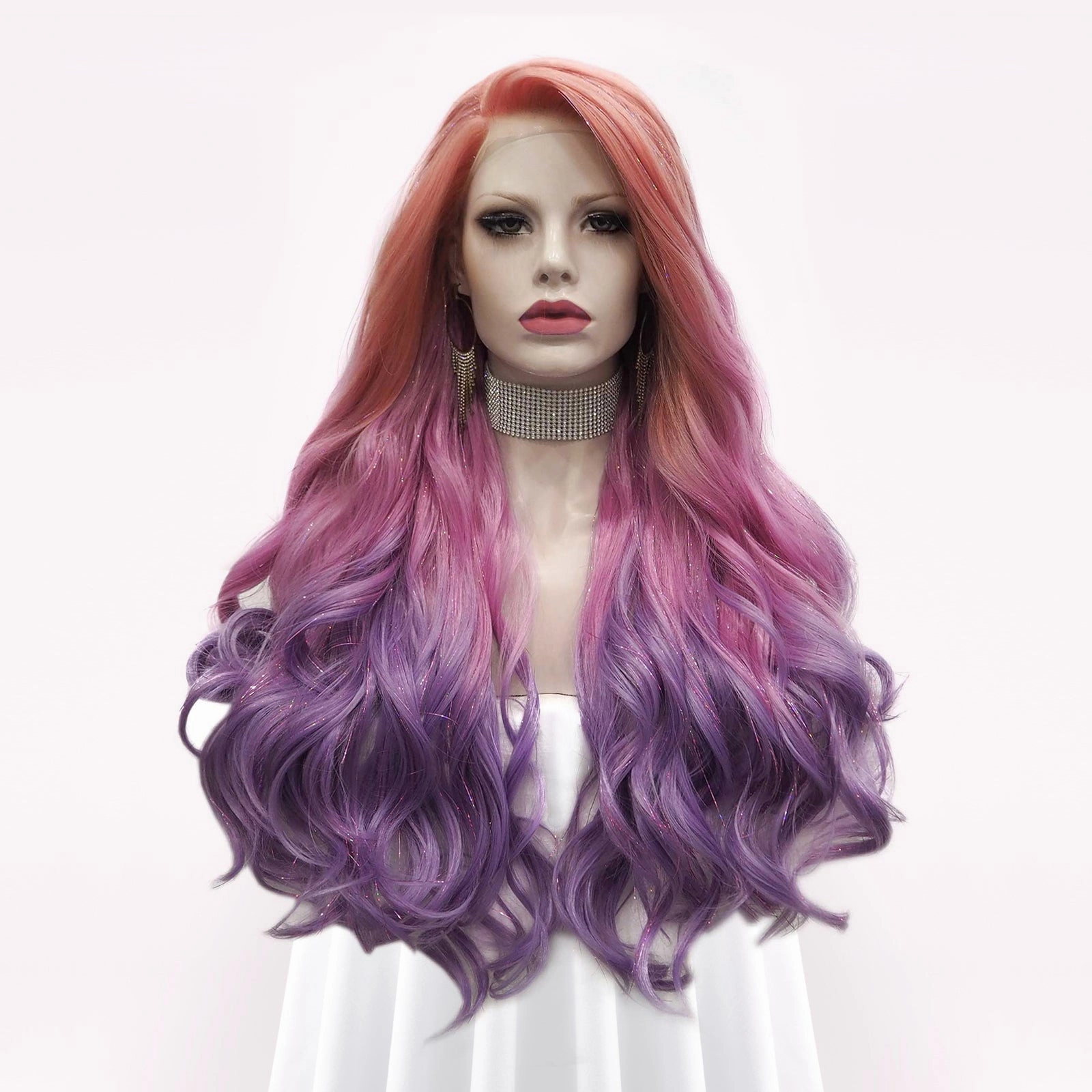 Venus - Coral-orange Pink Purple Ombre With Silver Tinsel Synthetic Lace Front Wig