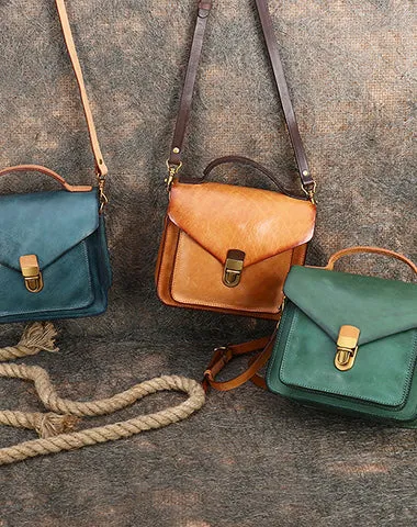 Vintage Blue Leather Womens Square Satchel Shoulder Bags School Crossbody Purse for Women
