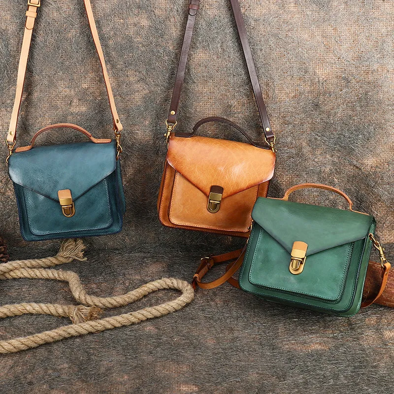 Vintage Blue Leather Womens Square Satchel Shoulder Bags School Crossbody Purse for Women