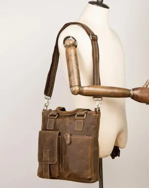 Vintage Brown Leather Mens 13 inches Vertical Briefcase Laptop Bags Business Bags Work Messenger Bag for Men