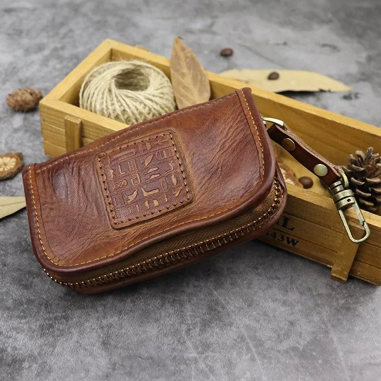 Vintage Brown Leather Men's Car Key Wallet Black Key Zipper Wallet For Men