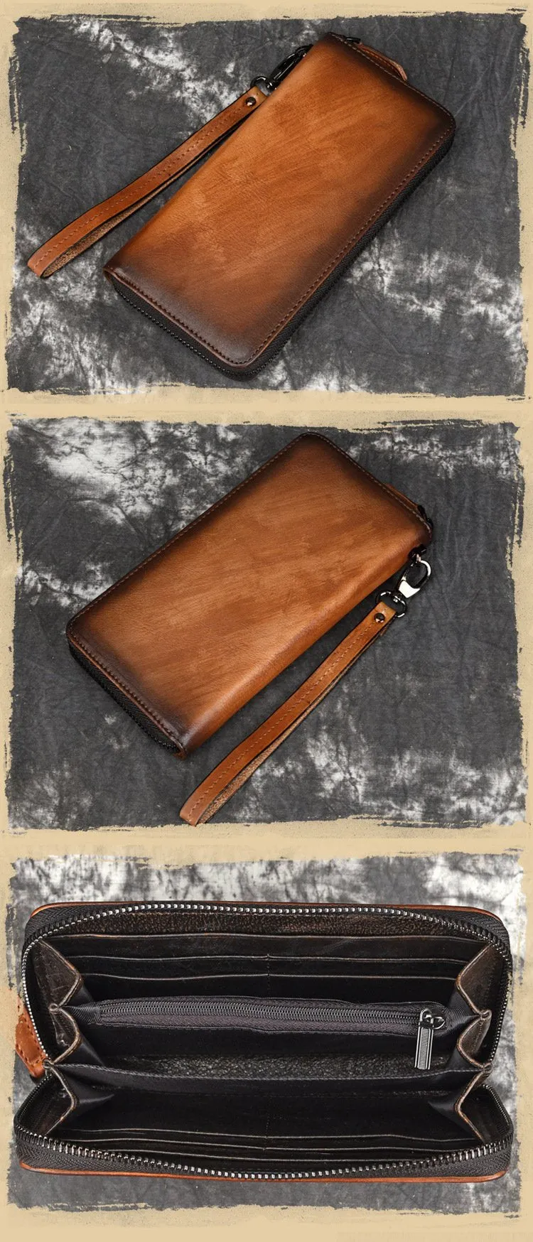 Vintage Brown Leather Men's Clutch Long Wallet Tan Zipper Wristlet Wallet For Men
