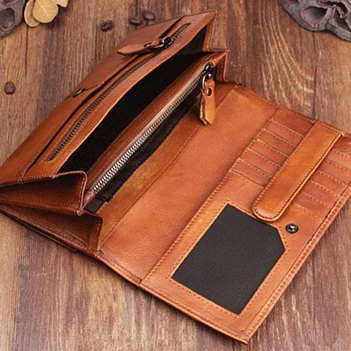 Vintage Cool Leather Mens Long Wallet Bifold Long Wallet for Men