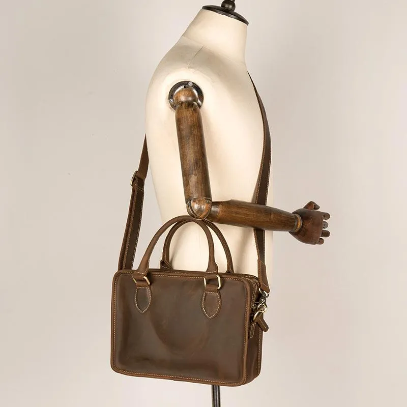 Vintage Dark Brown Leather Small Mens Briefcase Cool Work Bag Messenger Bags for Men