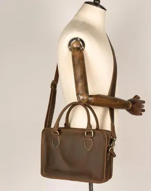 Vintage Dark Brown Leather Small Mens Briefcase Cool Work Bag Messenger Bags for Men