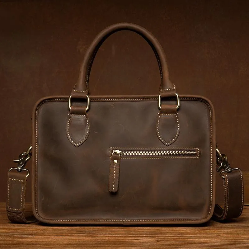 Vintage Dark Brown Leather Small Mens Briefcase Cool Work Bag Messenger Bags for Men