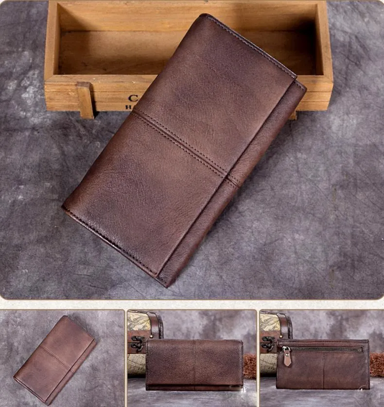 Vintage Leather Brown Mens Long Wallet Phone Clutch Gray Bifold Wallet for Men
