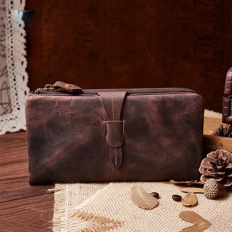 Vintage Leather Long Wallet for Men Bifold Coffee Wallet