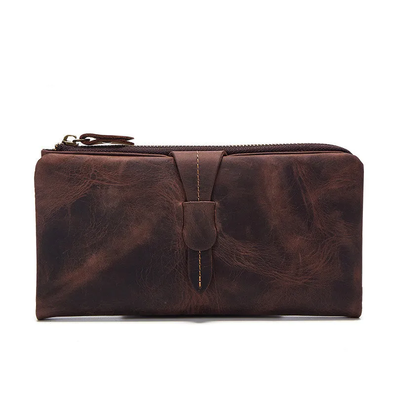 Vintage Leather Long Wallet for Men Bifold Coffee Wallet