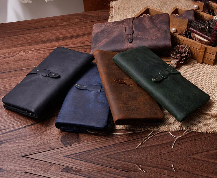 Vintage Leather Long Wallet for Men Bifold Coffee Wallet