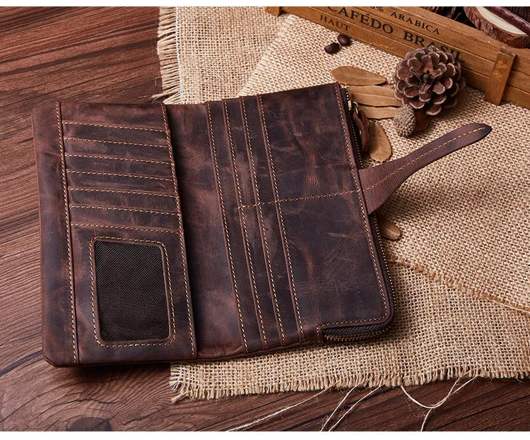 Vintage Leather Long Wallet for Men Bifold Coffee Wallet