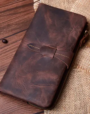 Vintage Leather Long Wallet for Men Bifold Coffee Wallet