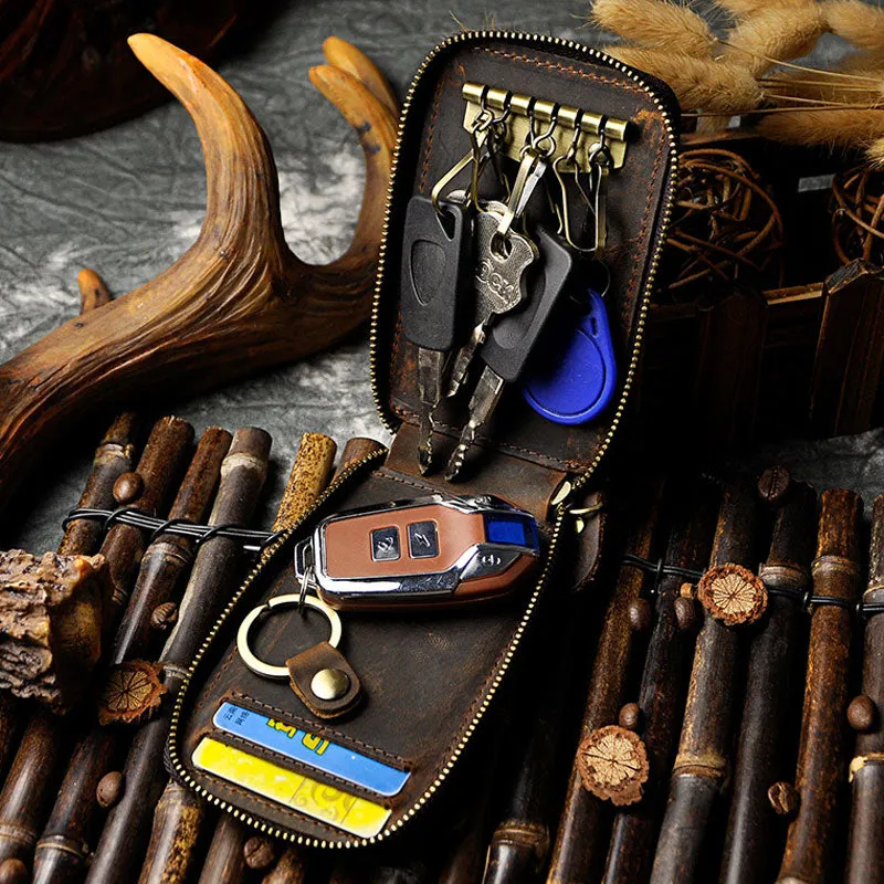 Vintage Leather Mens Small Key Zipper Wallets Card Wallet for Men