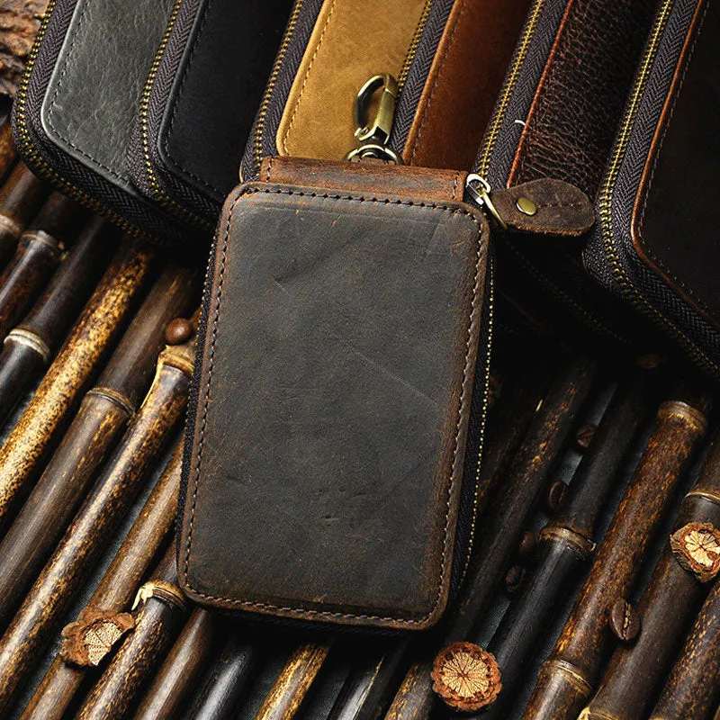 Vintage Leather Mens Small Key Zipper Wallets Card Wallet for Men