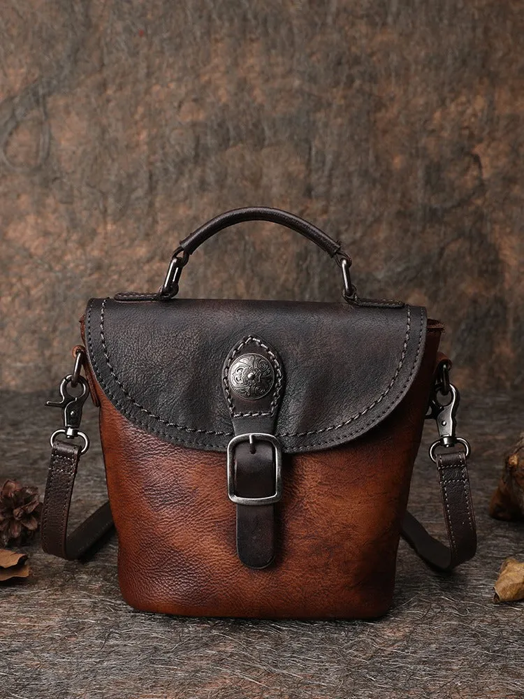 Vintage Leather Womens Bucket Green Shoulder Bag Handmade Barrel Crossbody Purse for Ladies