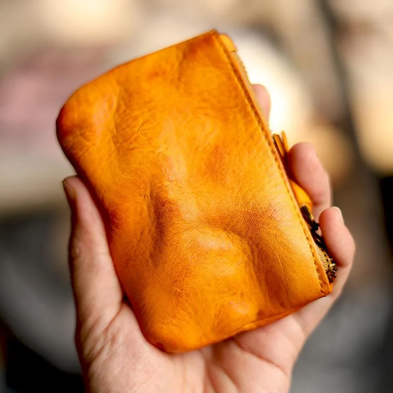 Vintage Slim Brown Leather Mens Coin Wallet Zipper Coin Holder Change Pouch For Men
